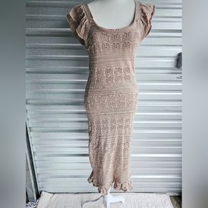 Beige crochet flutter sleeve flutter hem round neck sweater dress size small